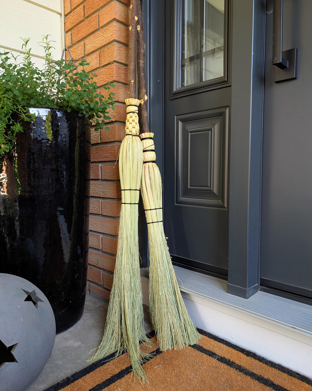 Two cobwebber brooms leaning against a black door, orange brick and plants.